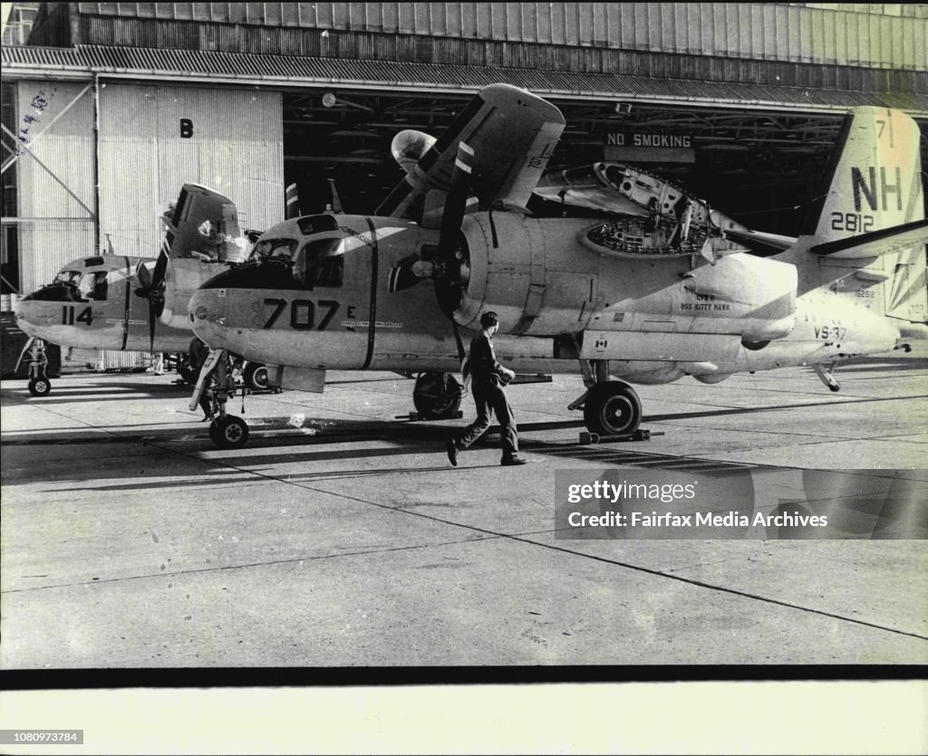 Some of the replacement Grumman Tracker anti-submarine aircraft arriving at Banketown Airport after a flight from HMAS Melbourne, off the coast.The US supplied Australia with 16 Trackers at a total cost of $7 million. Some will replace those lost in the N