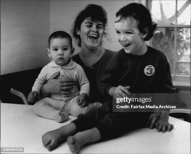 Nanny Jane McNamara pictured with 3 year old Emily Lewis and her brother Alexander aged 8 months. April 10, 1989. .