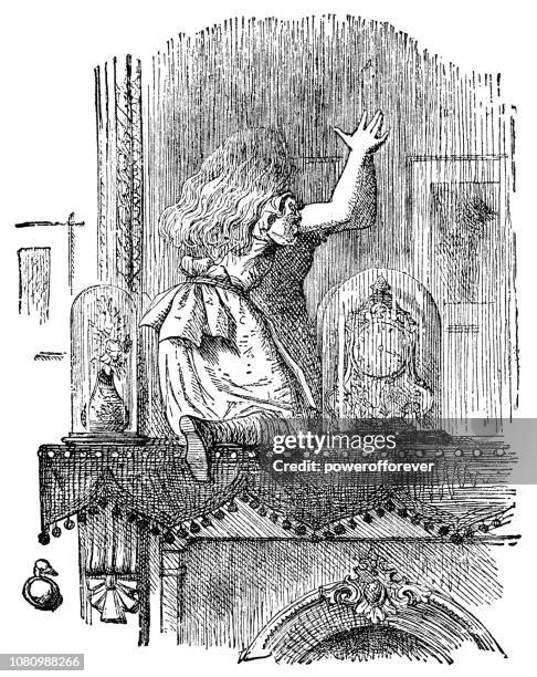 alice entering the mirror in through the looking-glass - alice stock illustrations