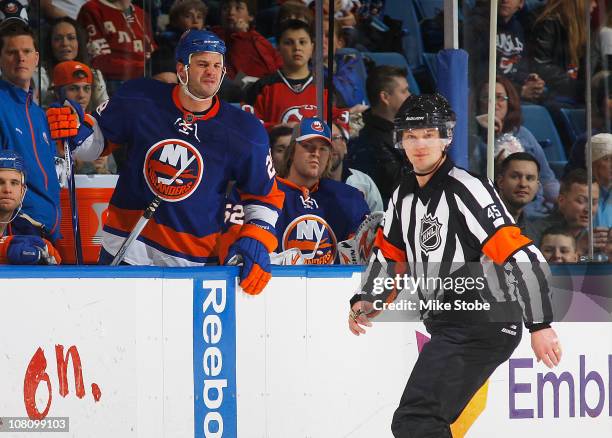 Zenon Konopka of the New York Islanders shows his displeasure with referee Marcus Vinnerborg after an Islander goal was disallowed against the New...