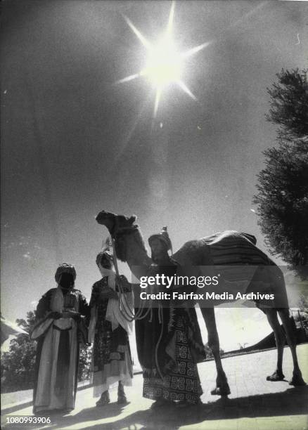 The Spirit Of Christmas At Taronga -- The three wise men and their camel on their way to the rotunda.Wisemen are. . . Jonathon Brown, Paul Kirk and...