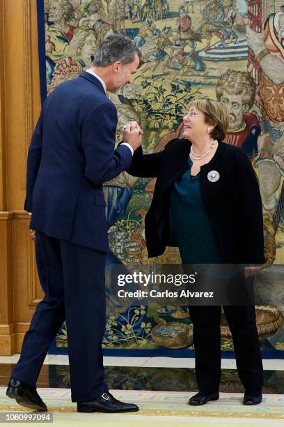 King Felipe VI of Spain receives UN High Commissioner for Human Rights Michelle Bachelet at the Zarzuela Palace on December 11, 2018 in Madrid, Spain.