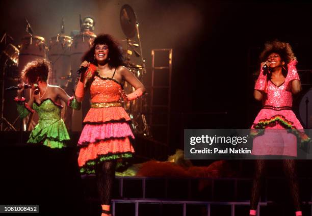 The Pointer Sisters, left to right, June Pointer, Anita Pointer and Ruth Pointer, perform at the Aire Crown Theater in Chicago, Illinois, June 27,...