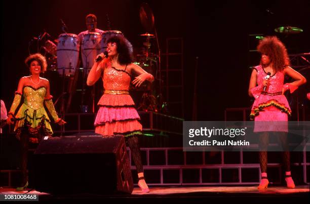 The Pointer Sisters, left to right, June Pointer, Anita Pointer and Ruth Pointer, perform at the Aire Crown Theater in Chicago, Illinois, June 27,...