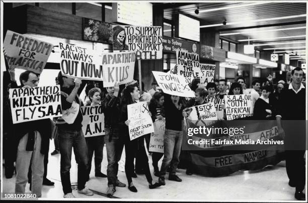 Demonstrators protesting against broadcasts from South Africa last week by radio 2GB's John Tingle missed the returning announcer at Sydney airport...
