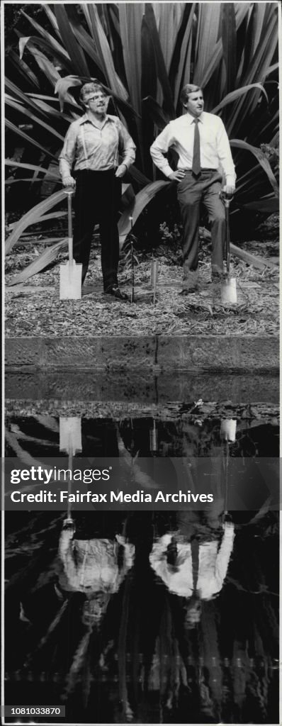 Rolf Harris and Laurie Brereton Listen to the Choir sing after planting a Coolabah tree signifying Heritage week 1985.