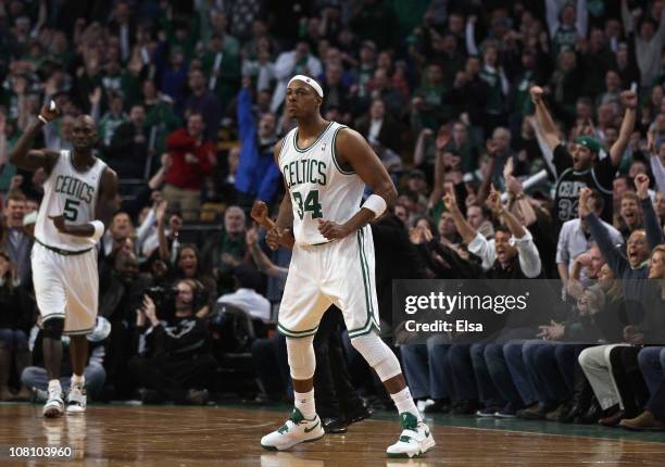 Paul Pierce and Kevin Garnett of the Boston Celtics celebrate after Pierce drew the foul in the final minute of the game against the Orlando Magic on...