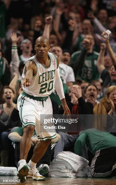 Ray Allen of the Boston Celtics celebrates his three point shot in the fourth quarter against the Orlando Magic on January 17, 2011 at the TD Garden...