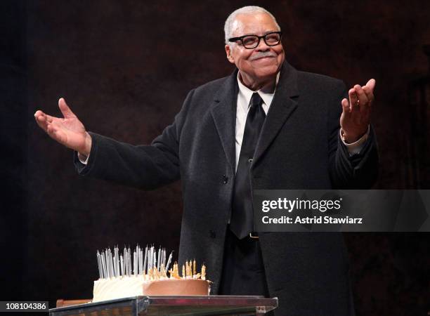 Actor James Earl Jones celebrates his 80th birthday by blowing the candles out on his cake at The Golden Theatre on January 17, 2011 in New York City.