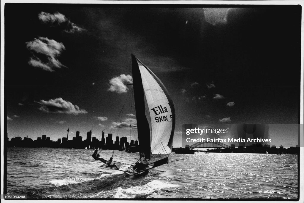 The 18 footer State Championships on Sydney Harbour.Early lead.... Ella Bache, skippered by Adrienne Cahalan, swoops down the Harbour in yesterday's race, only to finish third behind Prudential and Xerox.