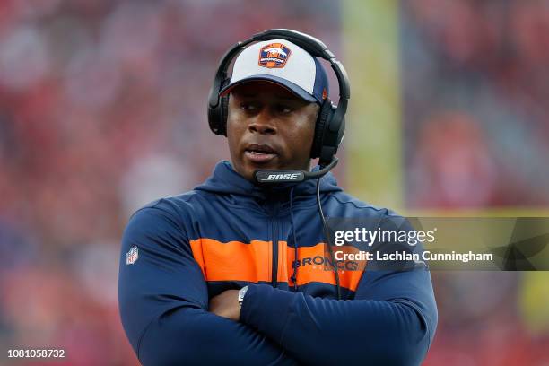 Head coach Vance Joseph of the Denver Broncos looks on from the sideline during the game against the San Francisco 49ers at Levi's Stadium on...