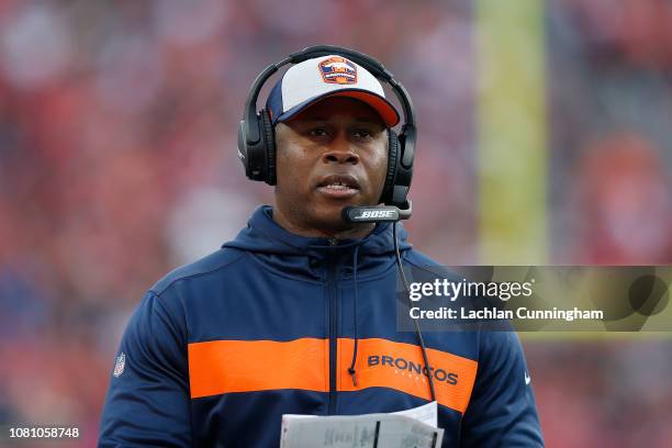 Head coach Vance Joseph of the Denver Broncos looks on from the sideline during the game against the San Francisco 49ers at Levi's Stadium on...