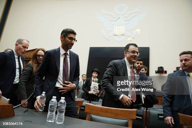 Google CEO Sundar Pichai leaves after a hearing before the House Judiciary Committee at the Rayburn House Office Building on December 11, 2018 in...