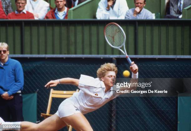 German tennis player Boris Becker competing against Kevin Curren in the final of the Men's Singles at Wimbledon, 7th July 1985. Becker won 6-3, 6-7,...