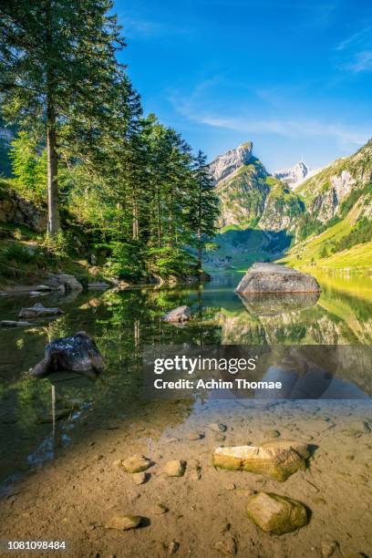 lake seealpsee, swiss alps, appenzell, switzerland, europe - dramatische landschaft fotografías e imágenes de stock