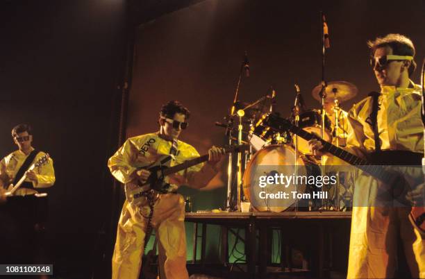 Guitarist Bob Casale, singer and guitarist Mark Mothersbaugh, drummer Alan Myers and bassist Gerald Casale of Devo perform at The Agora Ballroom on...