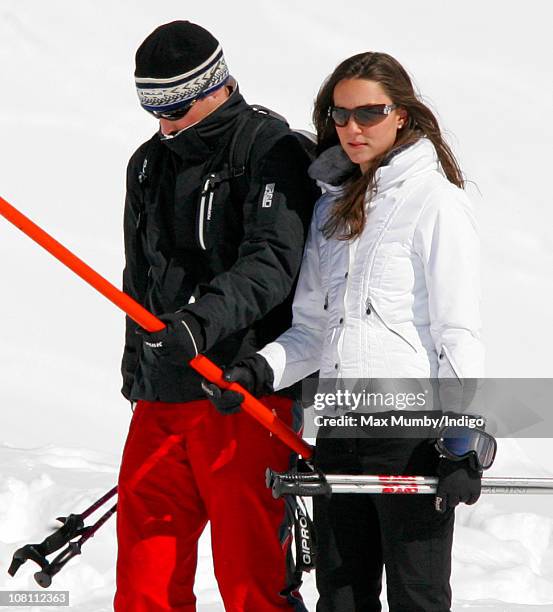 Prince William and girlfriend Kate Middleton use a T-bar drag lift whilst on a skiing holiday on March 19, 2008 in Klosters, Switzerland.