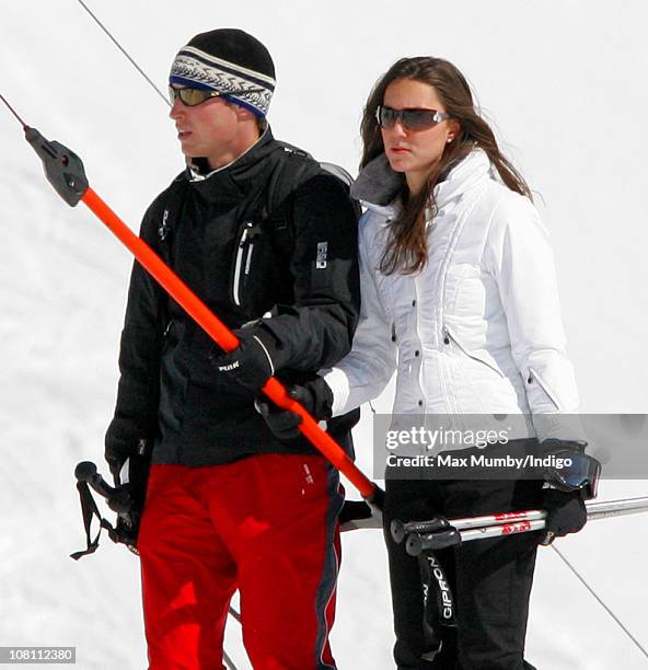 Prince William and girlfriend Kate Middleton use a T-bar drag lift whilst on a skiing holiday on March 19, 2008 in Klosters, Switzerland.