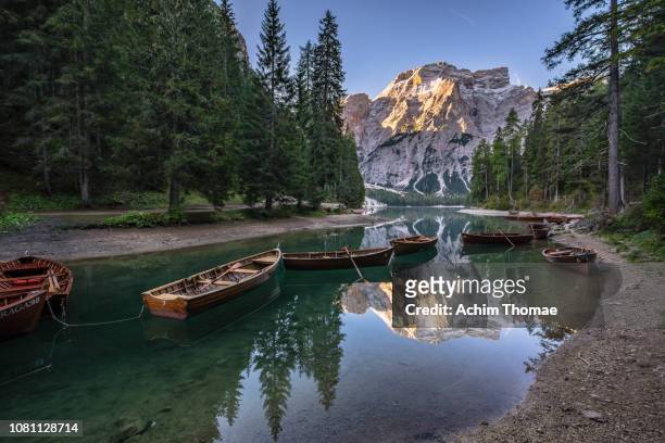 dolomite alps, pragser wildsee, south tyrol, italy, europe - majestätisch stock pictures, royalty-free photos & images