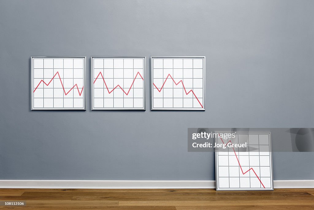 Declining line graph in picture frames