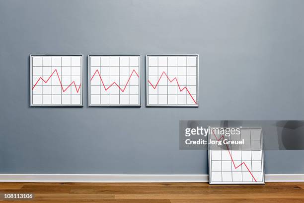 declining line graph in picture frames - decadente foto e immagini stock