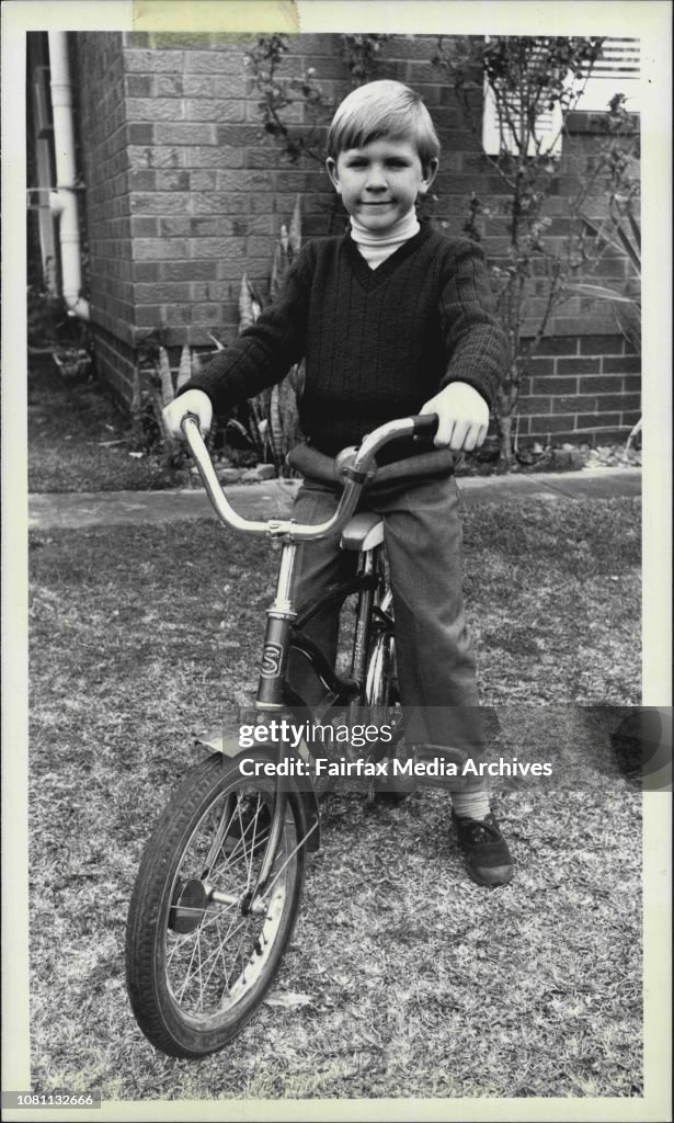 Mathew White, 6 yrs old a bicycle for one of his first rides since a freak accident punctured his bowels and nearly killed him.Two months ago six- year-old Mathew White was riding down the footpath. He turned to ride up into his driveway, but the handleba