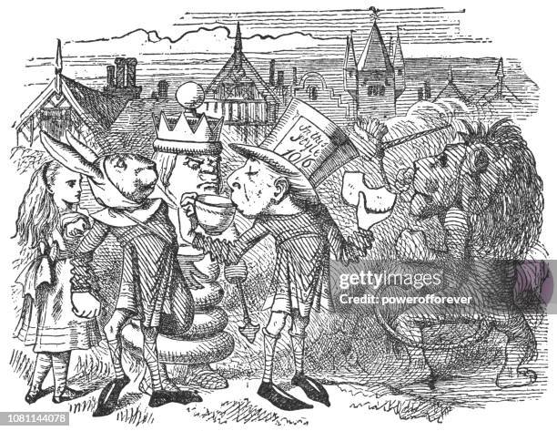 the hatter drinking tea and watching the lion and the unicorn fight in through the looking-glass - mad hatter illustration stock illustrations
