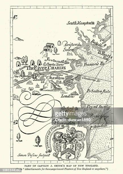 stockillustraties, clipart, cartoons en iconen met kapitein john smith's kaart van new england, 17e eeuw - plymouth massachusetts