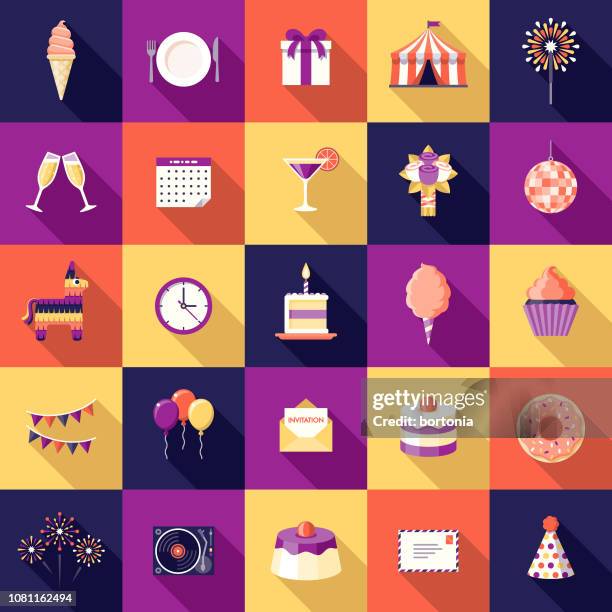illustrazioni stock, clip art, cartoni animati e icone di tendenza di set di icone di design piatto per feste di compleanno - cappellino per le feste