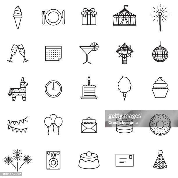 ilustraciones, imágenes clip art, dibujos animados e iconos de stock de fiesta de cumpleaños fina línea conjunto de iconos - papier