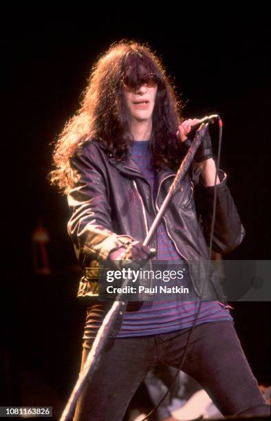 Joey Ramone of the Ramones performs on stage at the Marcus Ampitheater in Milwaukee, Wisconsin, July 1, 1990.