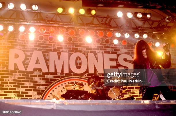 Joey Ramone of the Ramones performs on stage at the Marcus Ampitheater in Milwaukee, Wisconsin, July 1, 1990.