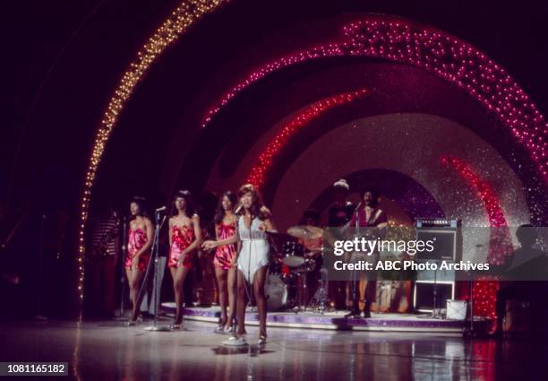 Ike and Tina Tina Turner performing with the Ikettes on the ABC television series 'The Pearl Bailey Show', USA, 27th March 1971.