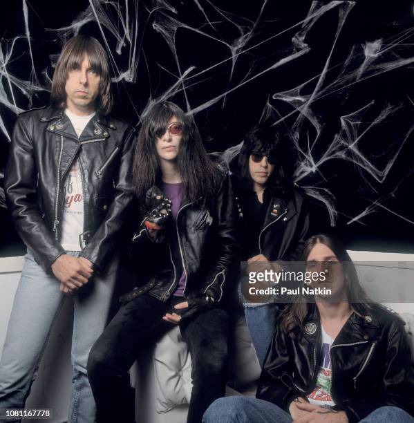 Portrait of the band The Ramones, left to right, Johnny Ramone , Joey Ramone , Marky Ramone and CJ Ramone of the Ramones at the Aragon Ballroom in...