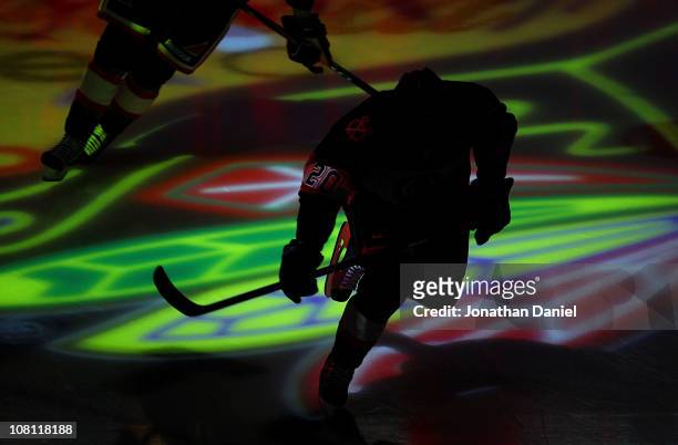 Jack Skille of the Chicago Blackhawks skates onto the ice before a game against the Colorado Avalanche at the United Center on January 12, 2011 in...