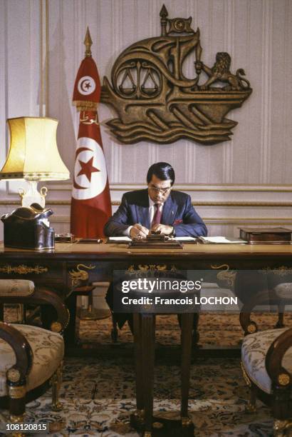 Tunisian President Zine el-Abidine Ben Ali is pictured at his office of the Presidential Palace in on September 6th, 1988 in Carthage, Tunisia.
