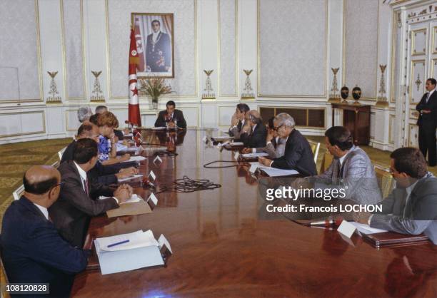 Tunisian President Zine el-Abidine Ben Ali is pictured during a ministers council at Presidential Palace in on September 6th, 1988 in Carthage,...