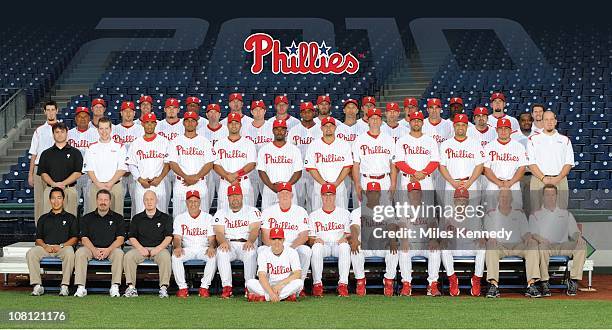 The Philadelphia Phillies pose for a team picture at Citizens Bank Park in Philadelphia, Pennsylvania in August 2010.Back Row: Kyle Kendrick, Cole...