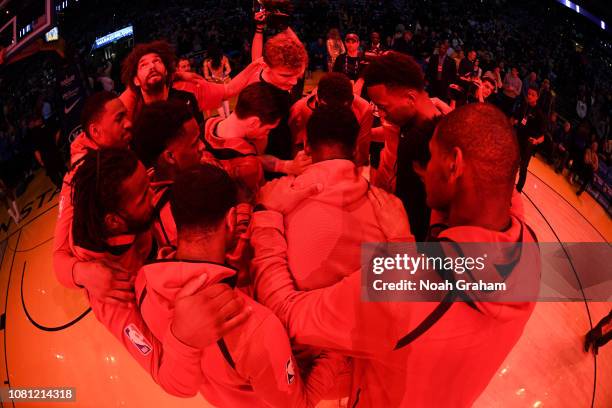 Chicago Bulls huddle up before the game against the Golden State Warriors on January 11, 2019 at ORACLE Arena in Oakland, California. NOTE TO USER:...