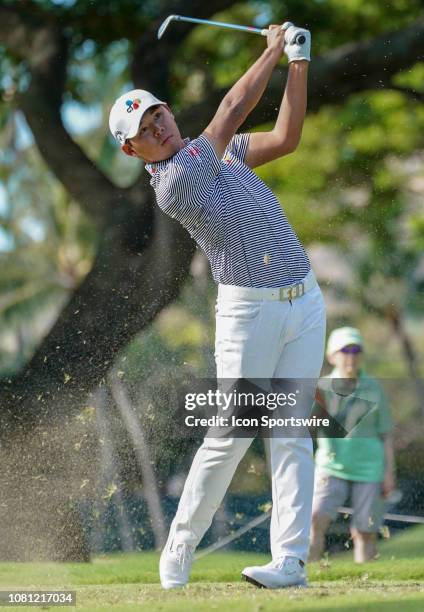 Si Woo Kim of Korea his his tee shot at the 4th hole during the second round of the Sony Open on January 11 at the Waialae Counrty Club in Honolulu,...