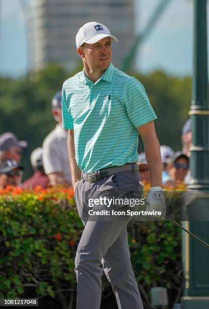 Jordan Spieth follows his tee shot as the walks off the tee box on the first hole during the second round of the Sony Open on January 11 at the...