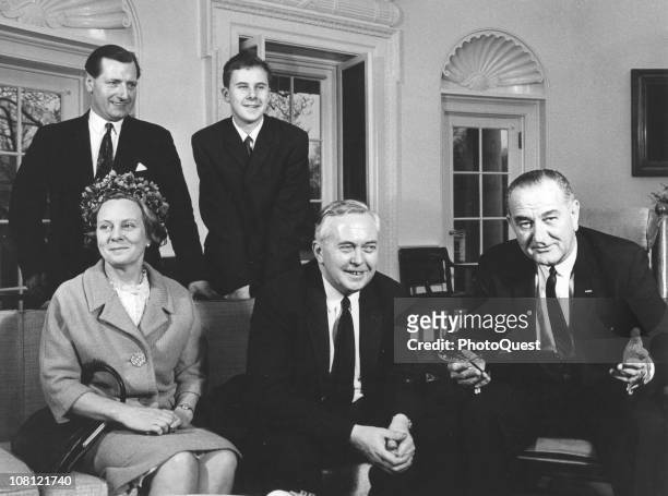 British Prime Minister Harold Wilson and his wife, poet Mary Wilson, Lady Wilson of Rievaulx , sit with US President Lyndon Johnson in the Oval...