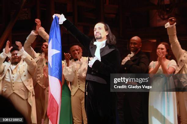 Lin- Manuel Miranda with the cast of Hamilton speaks to the audience at the end of the play as part of the opening night at Centro de Bellas Artes on...