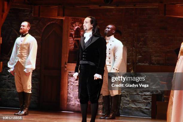 Lin- Manuel Miranda with the cast of Hamilton speaks to the audience at the end of the play as part of the opening night at Centro de Bellas Artes on...