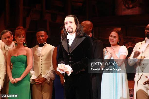 Lin- Manuel Miranda with the cast of Hamilton speaks to the audience at the end of the play as part of the opening night at Centro de Bellas Artes on...