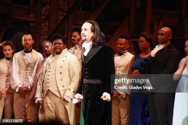 Lin- Manuel Miranda with the cast of Hamilton speaks to the audience at the end of the play as part of the opening night at Centro de Bellas Artes on...