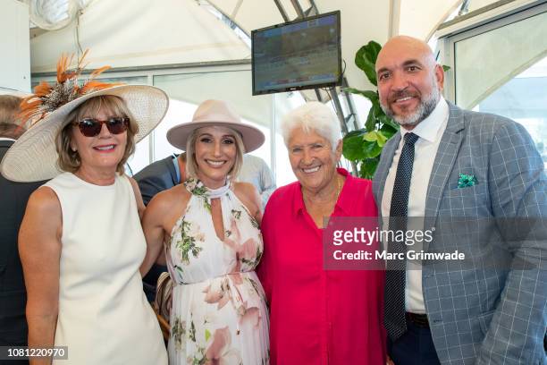 Katie Paige, Christine Tallis, Gorden Tallis, and Dawn Fraser attend the Moet Marquee Magic Millions Raceday at the Gold Coast Turf Clubon January...