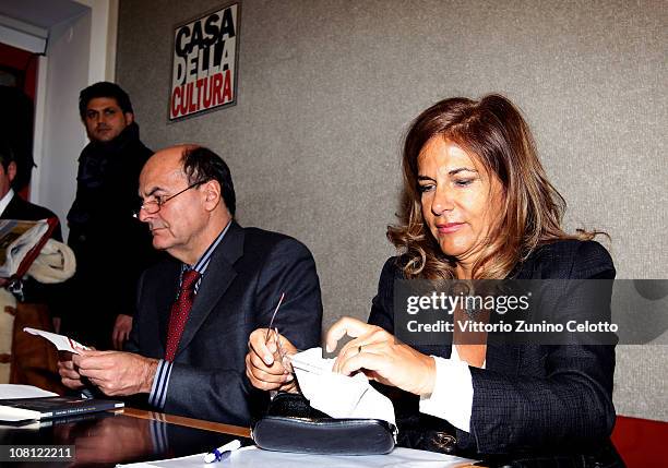 Pier Luigi Bersani and Emma Marcegaglia attend 'Il futuro e di tutti ma e uno solo' book presentation held at Casa della cultura on January 18, 2011...