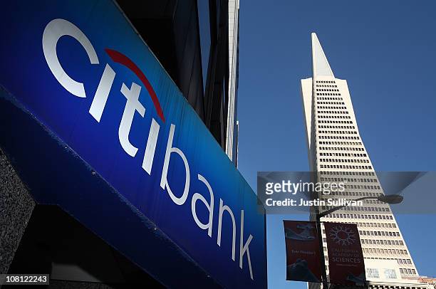 Sign is displayed on the exterior of a Citibank branch office near the Transamerica Pyramid on January 18, 2011 in San Francisco, California....