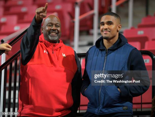 Maryland head football coach Mike Locksley, left, shows Alabama quarterback Jalen Hurts around the Xfinity Center before a mens basketball game...